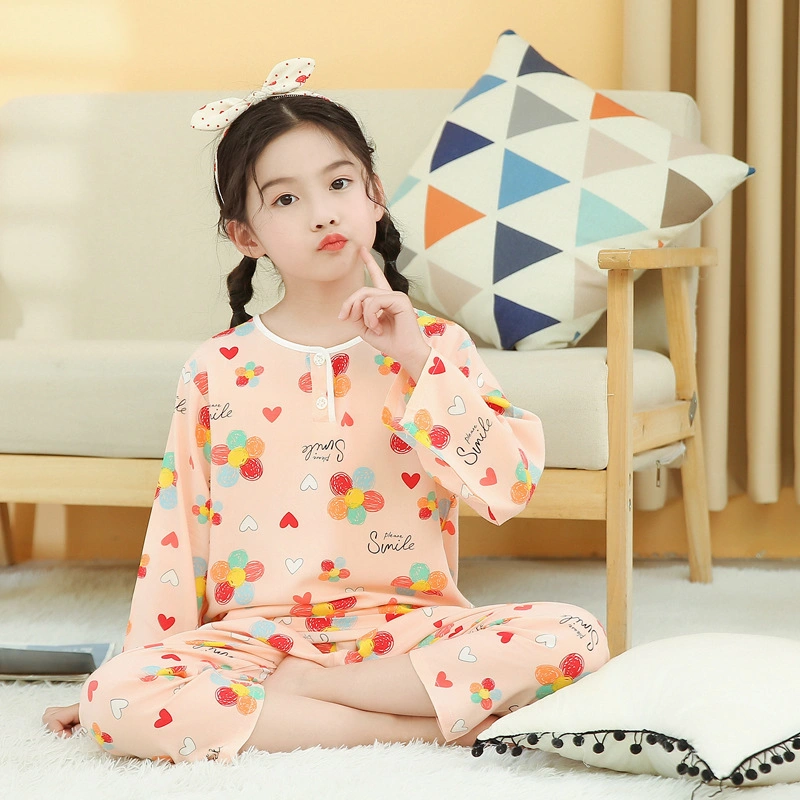 Childrens Cotton Silk Pajamas Summer Home Wear Girls Thin Boys Big Boys Spring and Autumn Long Sleeves Boys Cotton Silk Air Conditioning Pajamas